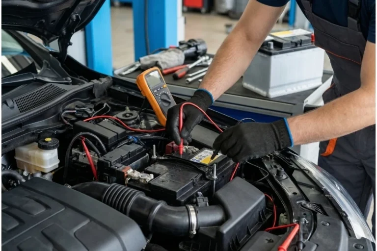 Kỹ thuật viên gara đang dùng đồng hồ vạn năng để kiểm tra điện áp và tình trạng bình ắc quy ô tô.