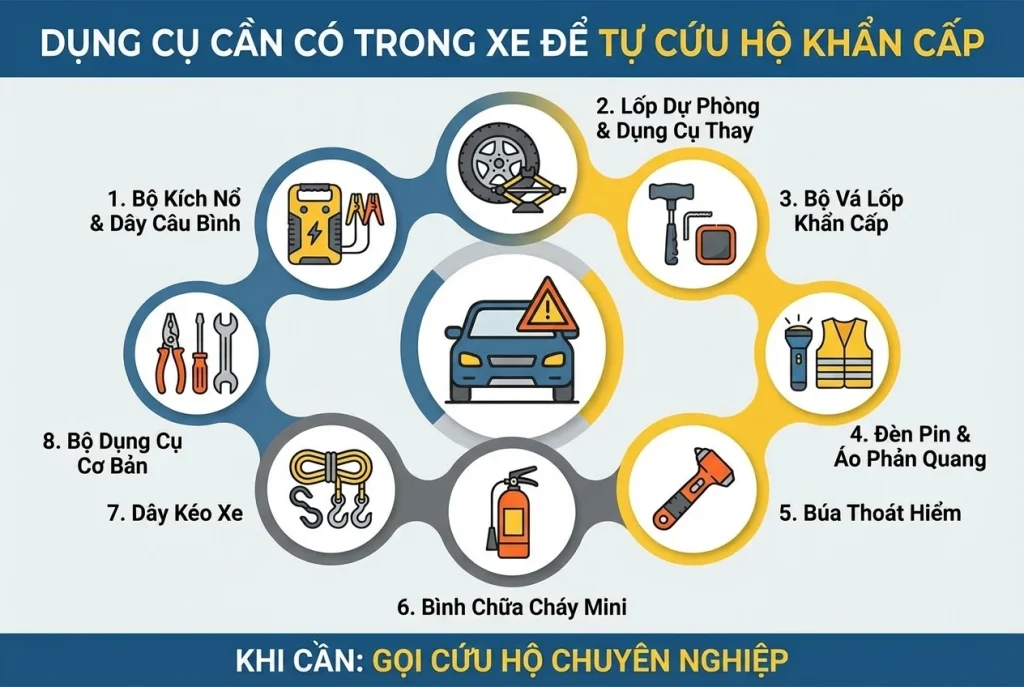 Danh sách các dụng cụ cứu hộ ô tô cơ bản như dây câu bình, lốp dự phòng, bình chữa cháy cần có trong xe