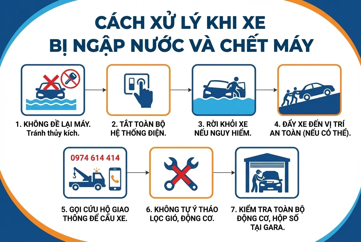 Infographic hướng dẫn 7 bước xử lý an toàn khi xe ô tô bị ngập nước và chết máy để tránh bị thủy kích, bao gồm việc không khởi động lại máy và gọi cứu hộ cẩu xe.