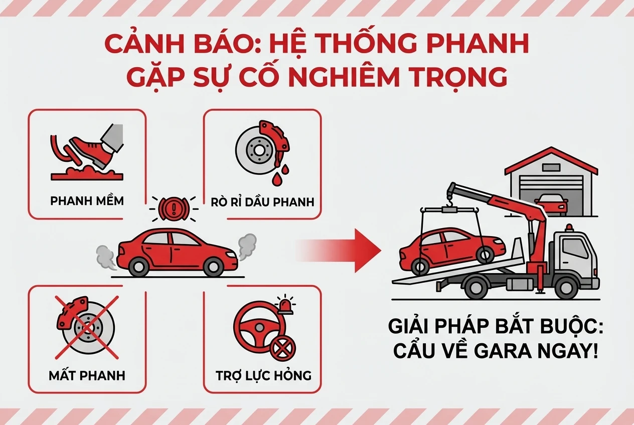 Infographic cảnh báo hệ thống phanh ô tô gặp sự cố nghiêm trọng. Hình ảnh minh họa 4 dấu hiệu nguy hiểm: phanh mềm, rò rỉ dầu phanh, mất phanh hoàn toàn, và hỏng trợ lực phanh. Giải pháp bắt buộc được nhấn mạnh là cẩu xe về gara ngay lập tức bằng xe cứu hộ.