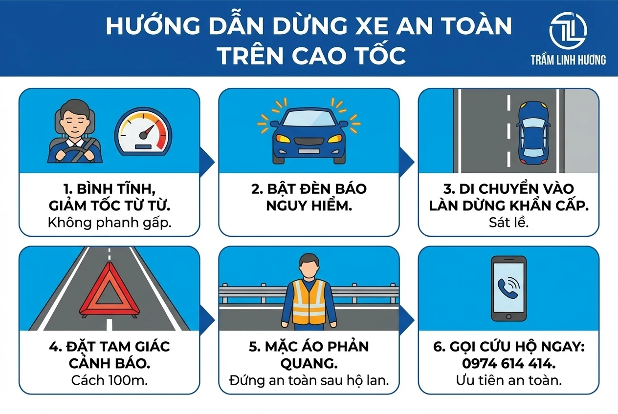 Infographic hướng dẫn quy trình 6 bước dừng xe an toàn trên cao tốc: 1. Bình tĩnh giảm tốc; 2. Bật đèn báo nguy hiểm; 3. Di chuyển vào làn khẩn cấp; 4. Đặt tam giác cảnh báo; 5. Mặc áo phản quang và đứng sau hộ lan; 6. Gọi cứu hộ ngay.
