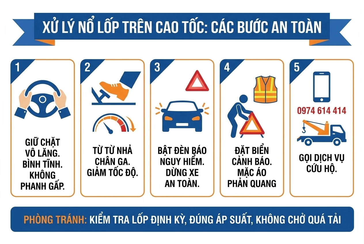 Infographic 5 bước xử lý an toàn khi nổ lốp trên cao tốc: giữ vô lăng, giảm tốc, bật đèn cảnh báo, đặt biển báo và gọi cứu hộ.