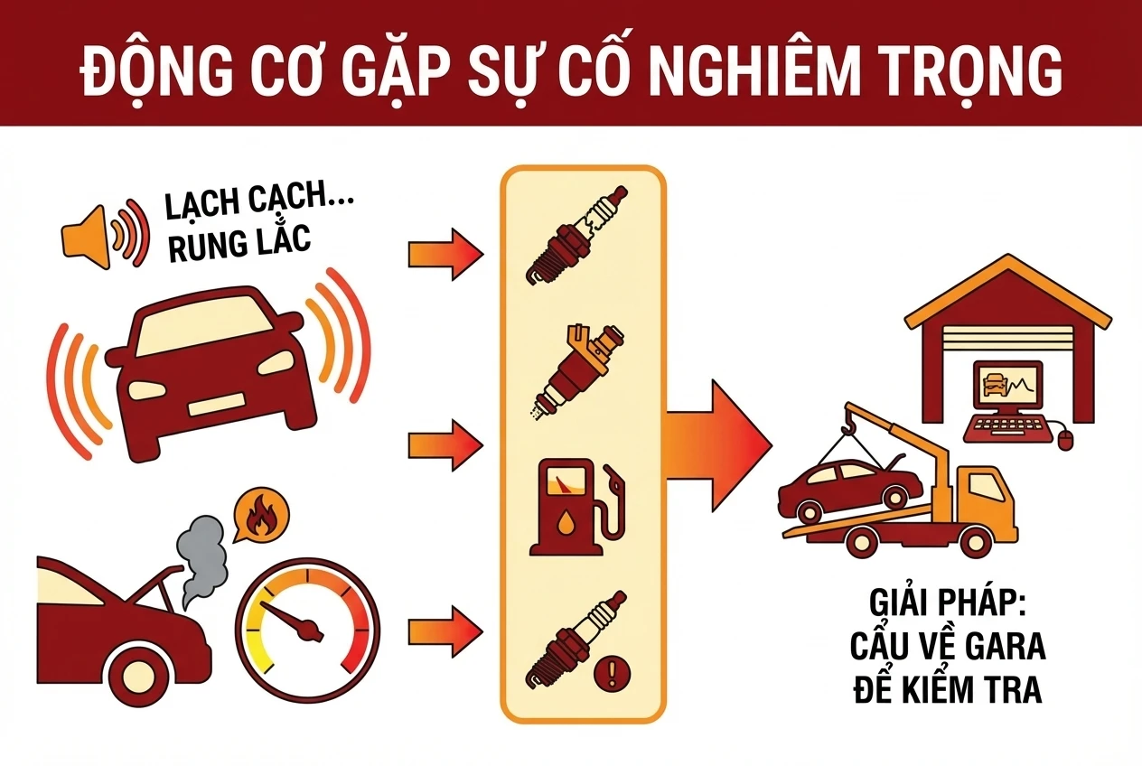 Infographic minh họa các dấu hiệu động cơ ô tô gặp sự cố nghiêm trọng như tiếng kêu lạ, rung lắc mạnh, khói bốc lên và đồng hồ cảnh báo. Các nguyên nhân tiềm ẩn được chỉ ra bao gồm bugi hỏng, kim phun xăng tắc, và bơm nhiên liệu lỗi. Giải pháp cuối cùng được khuyến nghị là gọi xe cẩu để kéo ô tô về gara kiểm tra chuyên sâu.