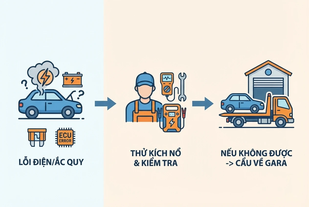 Infographic minh họa quy trình ba bước xử lý sự cố lỗi hệ thống điện hoặc ắc quy ô tô: Bước 1 là nhận biết lỗi (xe bốc khói, lỗi ECU, cầu chì hỏng); Bước 2 là thợ máy kiểm tra và thử kích nổ; Bước 3 là nếu không khởi động được thì cẩu xe về gara.