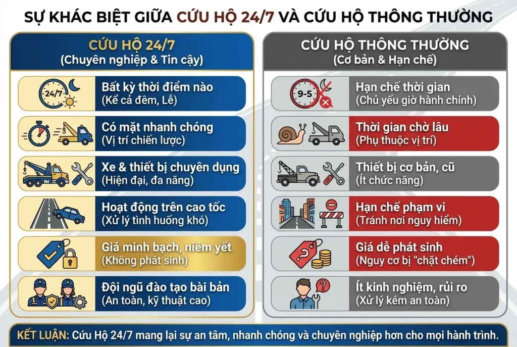 Phân biệt dịch vụ cứu hộ ô tô 24/7 chuyên nghiệp và dịch vụ cứu hộ xe thông thường khi gặp sự cố