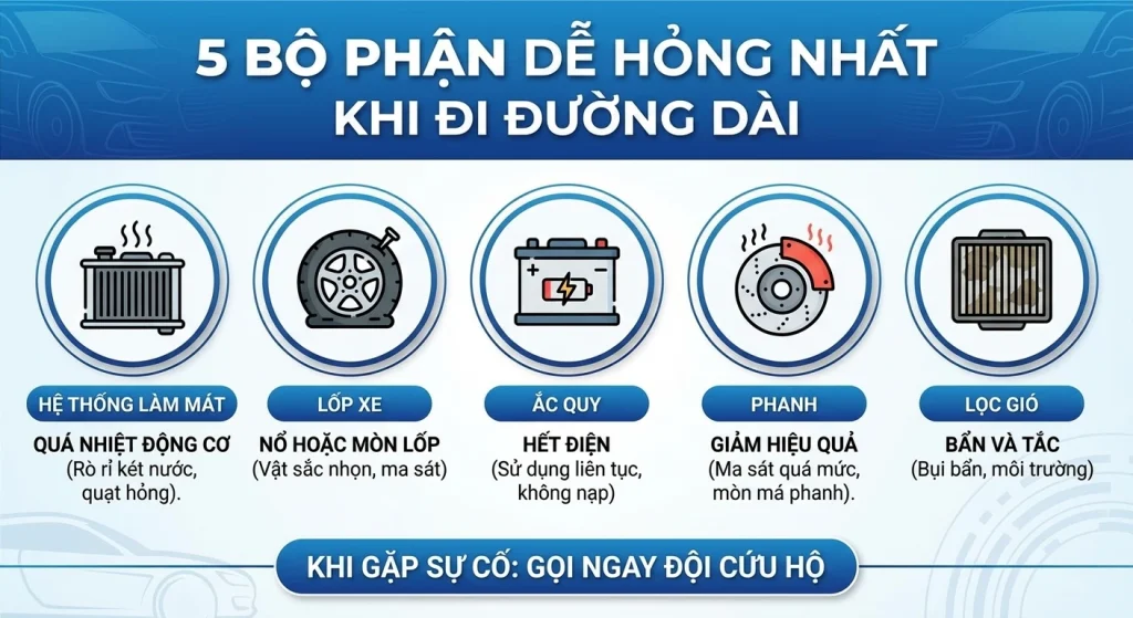Phân tích 5 bộ phận ô tô dễ hỏng nhất khi đi đường dài: lốp, hệ thống làm mát, ắc quy và kinh nghiệm xử lý