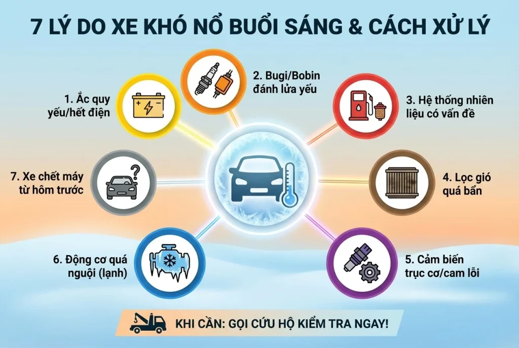 Phân tích 7 lỗi khiến xe ô tô khó khởi động buổi sáng: yếu ắc quy, bugi, lọc gió, lỗi cảm biến và cách khắc phục