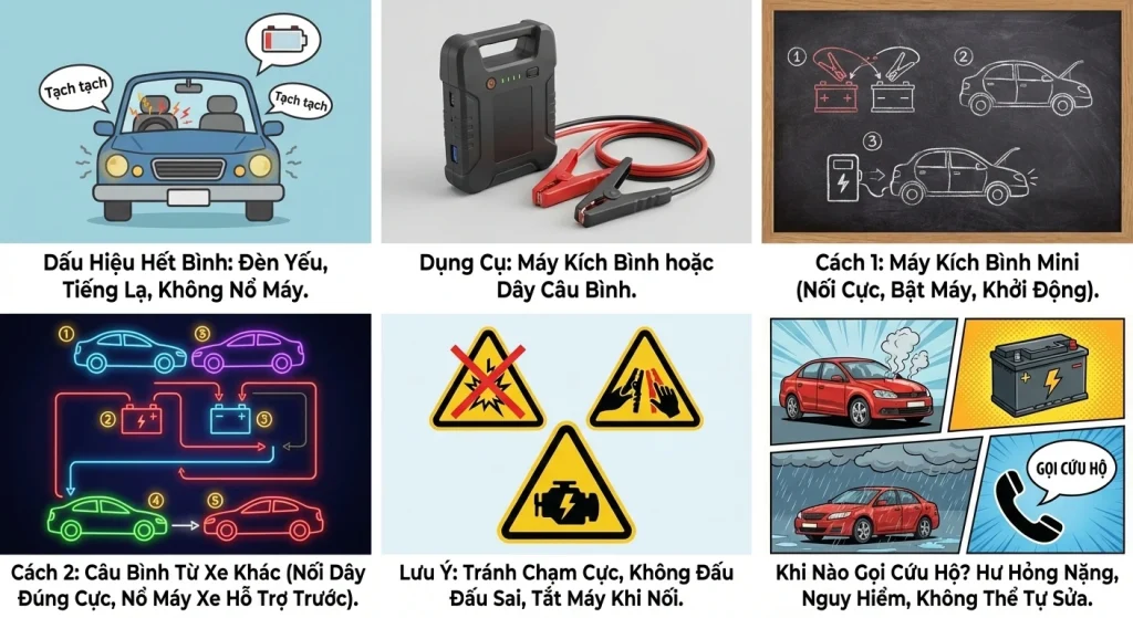 Hướng dẫn 5 bước kích nổ xe ô tô hết bình (hết ắc quy) đơn giản, an toàn bằng dây câu bình (jumper cable)