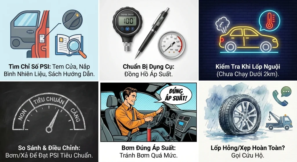 Hướng dẫn kiểm tra áp suất lốp xe ô tô đúng tiêu chuẩn PSI/Bar và các dấu hiệu lốp bị non hơi, quá hơi