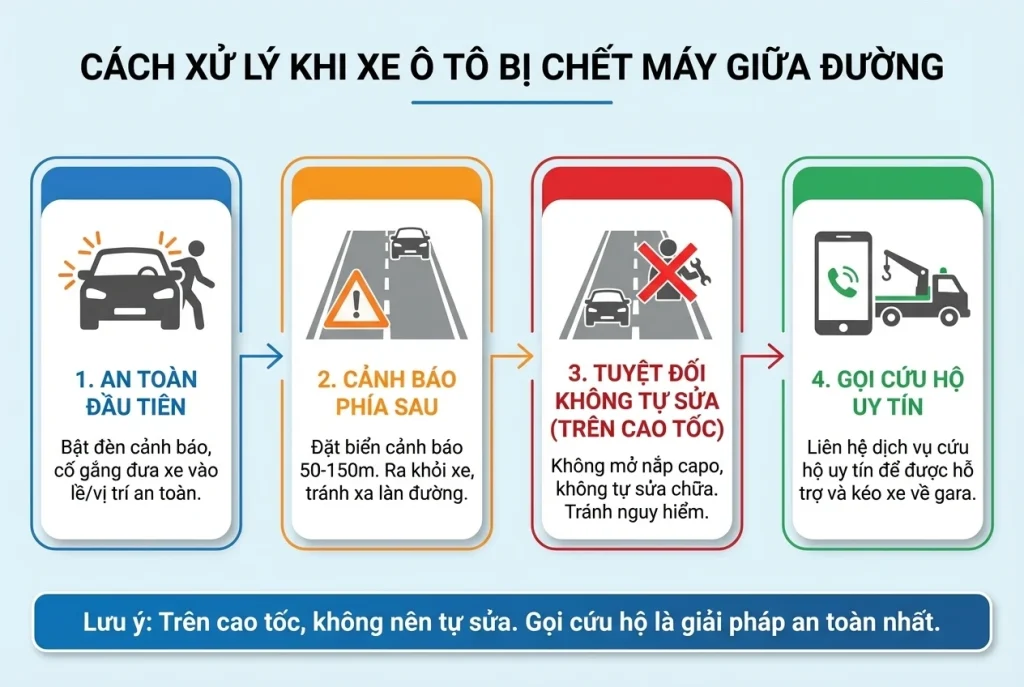 Hướng dẫn 7 bước xử lý xe ô tô bị chết máy đột ngột giữa đường, từ đảm bảo an toàn đến gọi cứu hộ