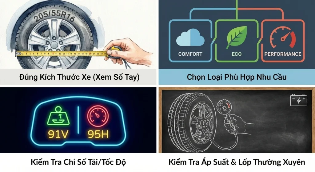 6 kinh nghiệm chọn lốp xe ô tô du lịch phù hợp: loại, kích thước, thương hiệu, tải trọng và tốc độ