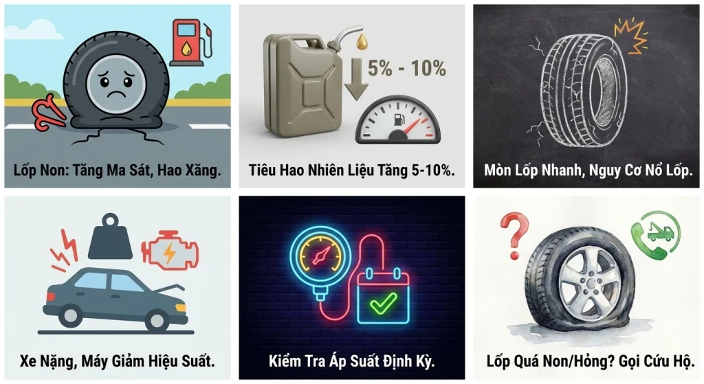 Giải đáp lốp non hơi có gây hao xăng không, và 5 điều cần biết để kiểm tra áp suất lốp đúng tiêu chuẩn