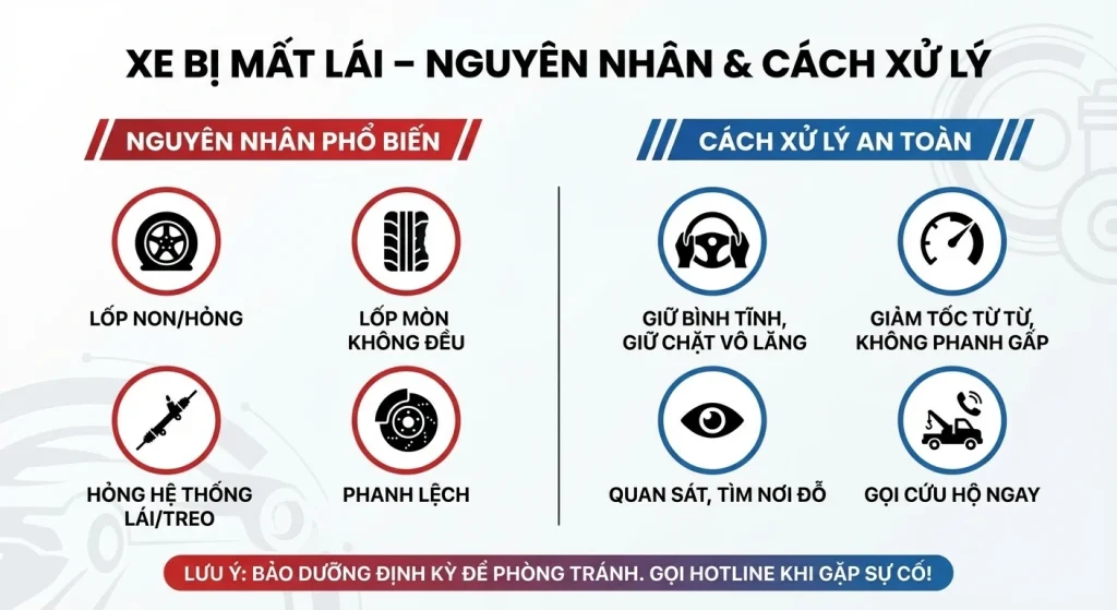 Phân tích các nguyên nhân xe ô tô bị mất lái: lốp non, lốp mòn, lỗi hệ thống treo và cách xử lý an toàn