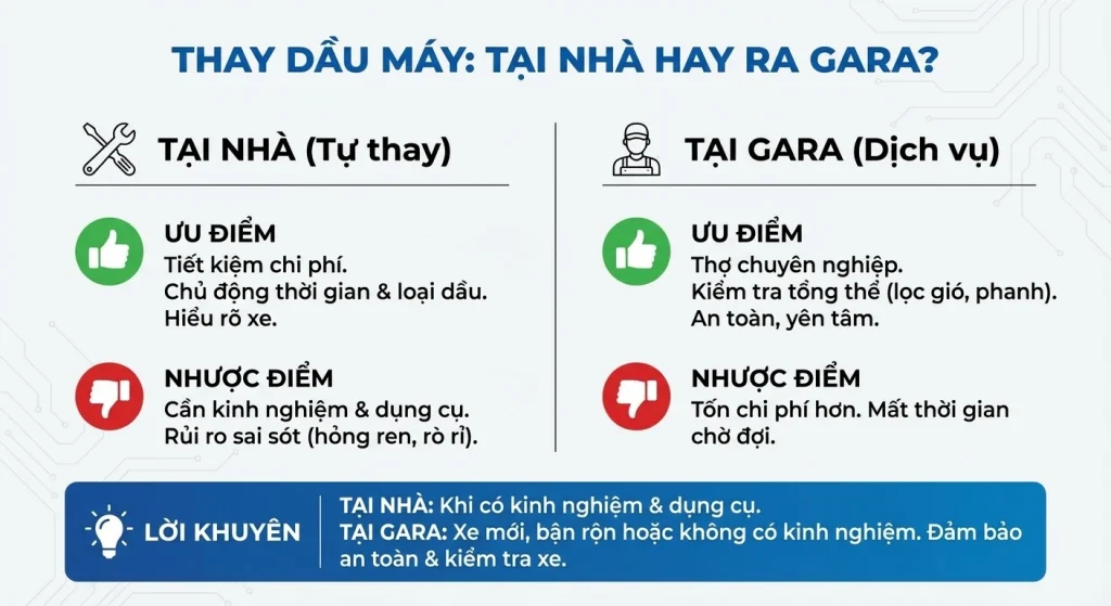 Phân tích ưu nhược điểm: Nên tự thay dầu máy tại nhà hay mang xe ô tô ra gara bảo dưỡng chuyên nghiệp?