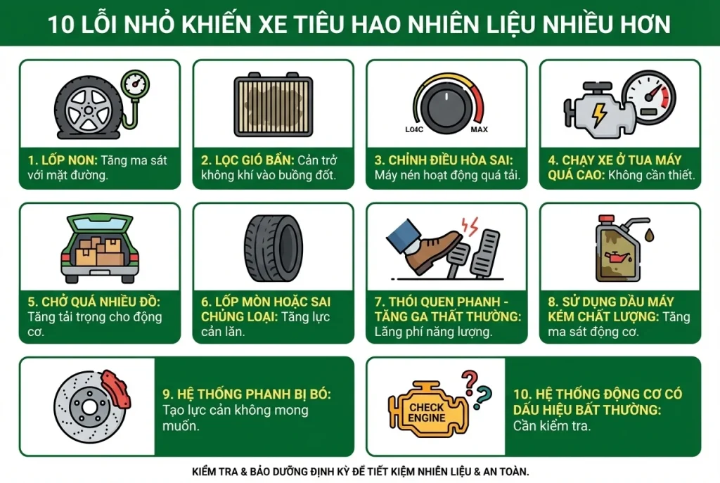 Phân tích 10 lỗi nhỏ khiến xe ô tô tiêu hao nhiên liệu nhiều hơn: lốp non, lọc gió bẩn, phanh bó và cách khắc phục
