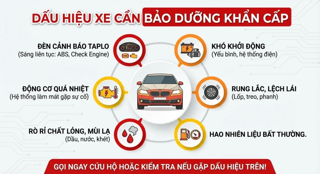 7 dấu hiệu ô tô cần bảo dưỡng khẩn cấp: Hụt ga, báo đèn lỗi ABS, rò rỉ dầu, lỗi phanh và cách xử lý tại chỗ