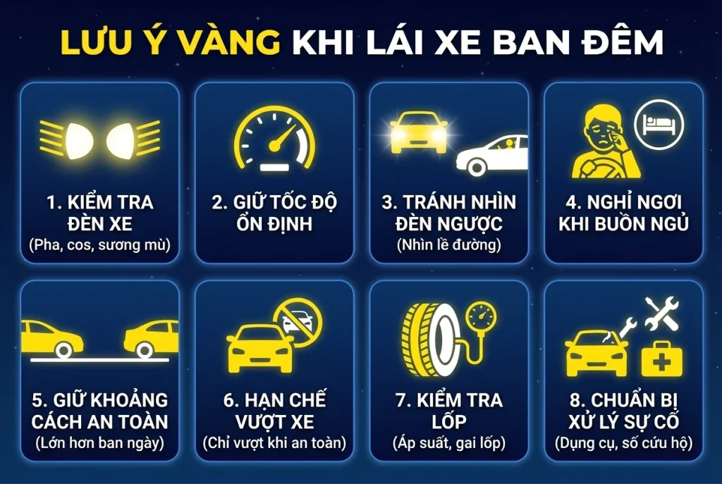 Hướng dẫn 8 lưu ý quan trọng khi lái xe ban đêm an toàn: kiểm tra đèn, tốc độ, xử lý buồn ngủ và sự cố bất ngờ