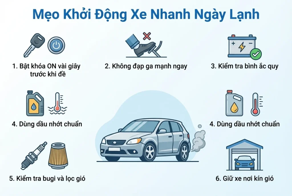 6 mẹo khởi động xe ô tô nhanh trong ngày lạnh: bật khóa ON, kiểm tra ắc quy và dùng dầu nhớt phù hợp