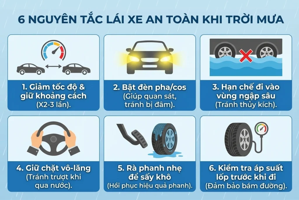 6 nguyên tắc lái xe an toàn khi trời mưa: giảm tốc độ, bật đèn, tránh vùng ngập và kiểm tra lốp